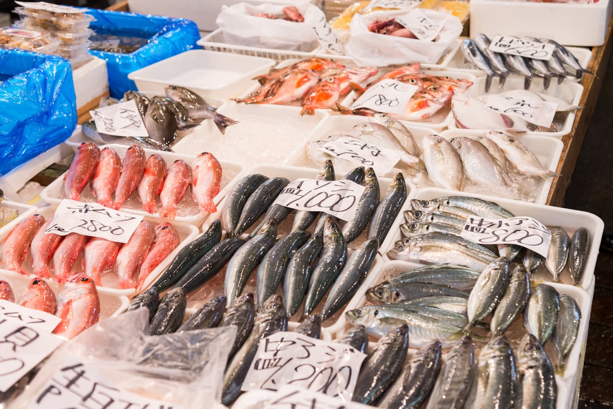 Shoppers visit Stalls selling fish in the tsukiji fish market  is the biggest wholesale fish and seafood product market in the world, fresh seafood product